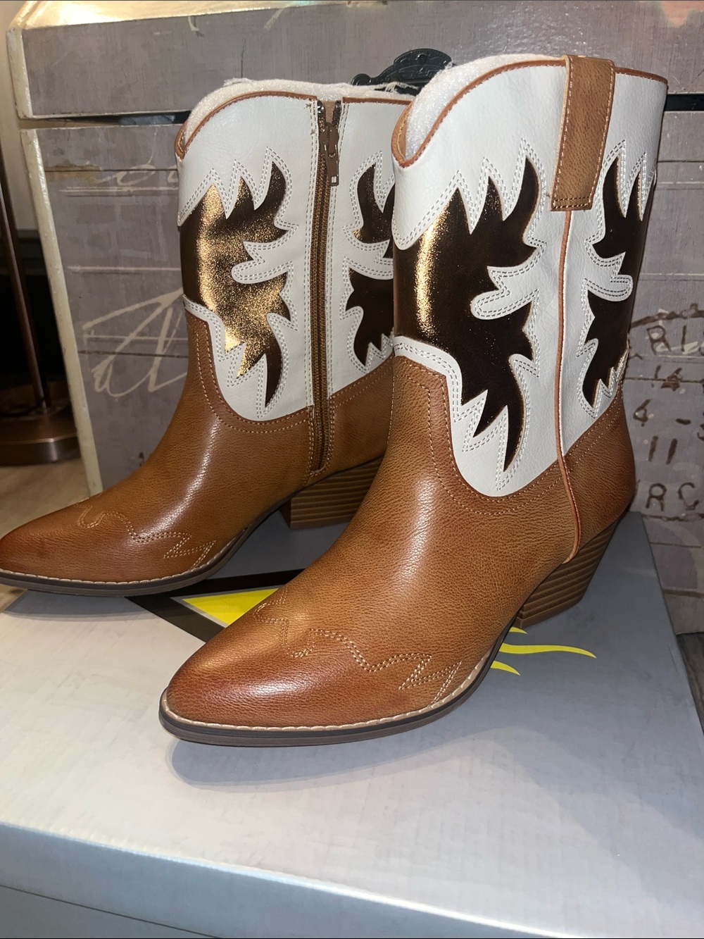 Volatile Tan, White & Metallic Brown Western Lace-Up Ankle Boots